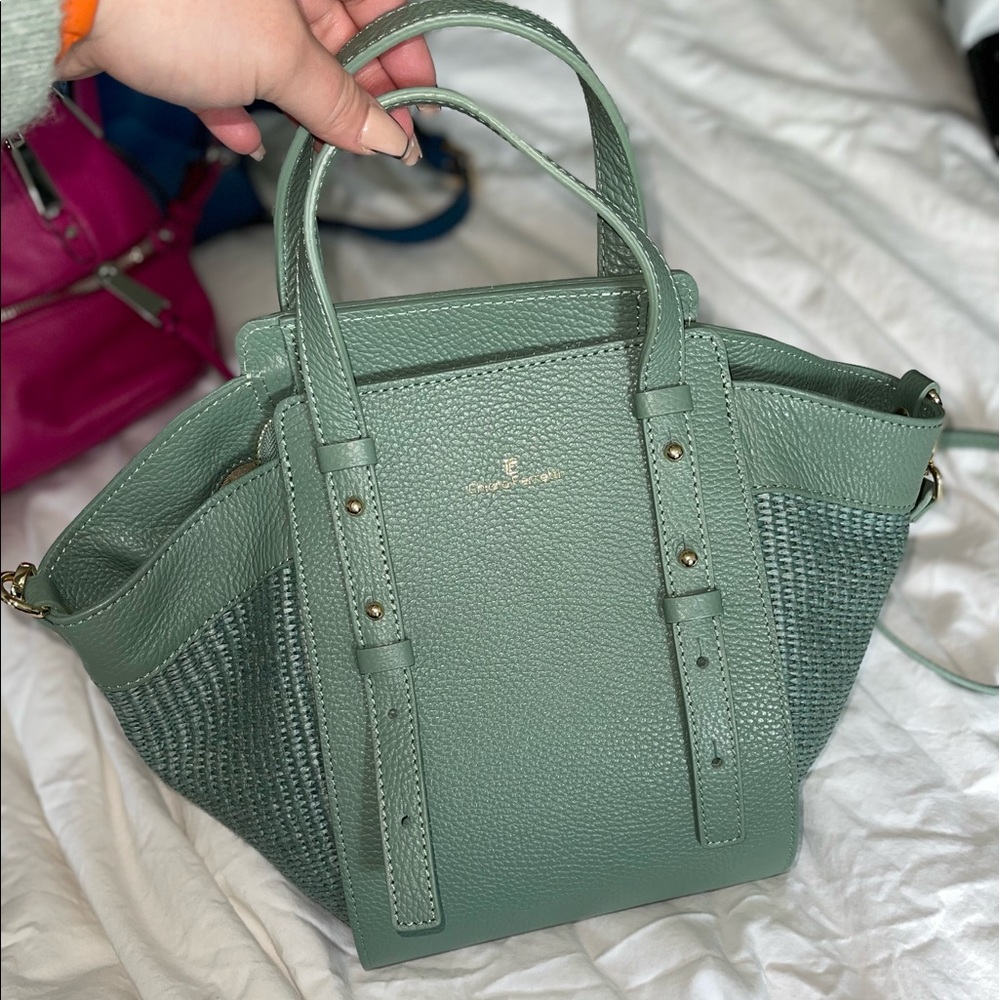 Chiara Ferretti Sage green Italian leather and raffia bag